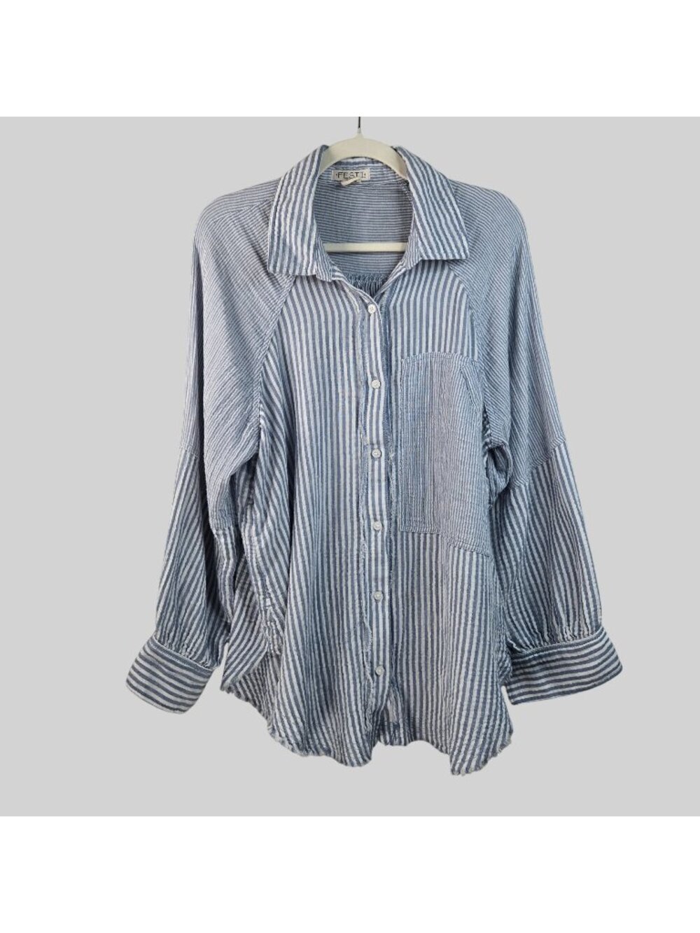 Festi Button Down Shirt Large Oversized Raw Hem Gauzey Distressed Striped Top